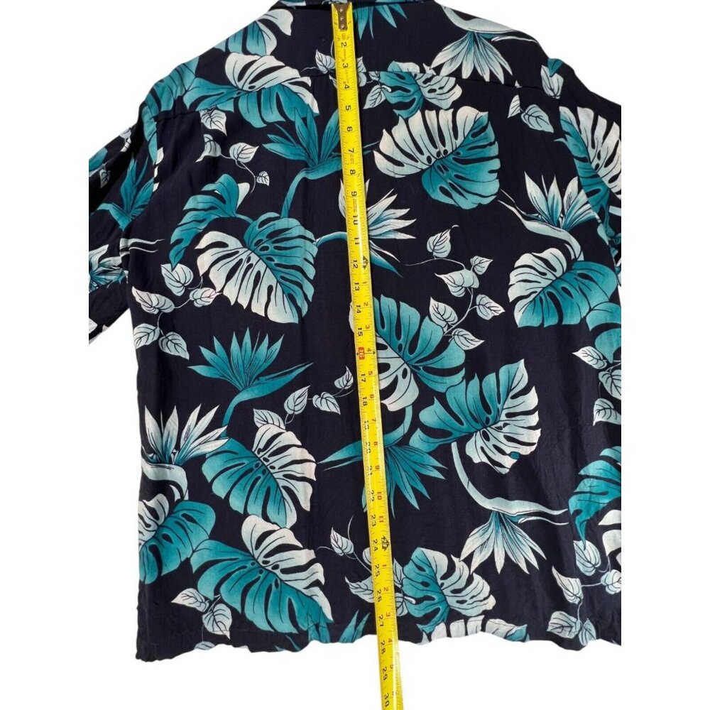 Vintage Hilo Hattie Hawaiian Black Teal Blue Floral Button-Up Shirt Mens Large - Picture 9 of 11
